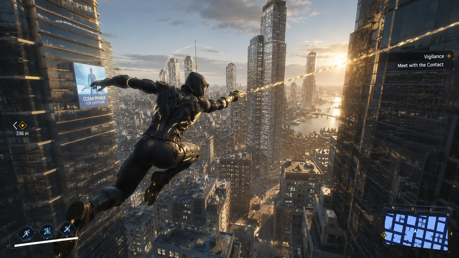Superhero character using movement abilities to travel across a city in an open-world game