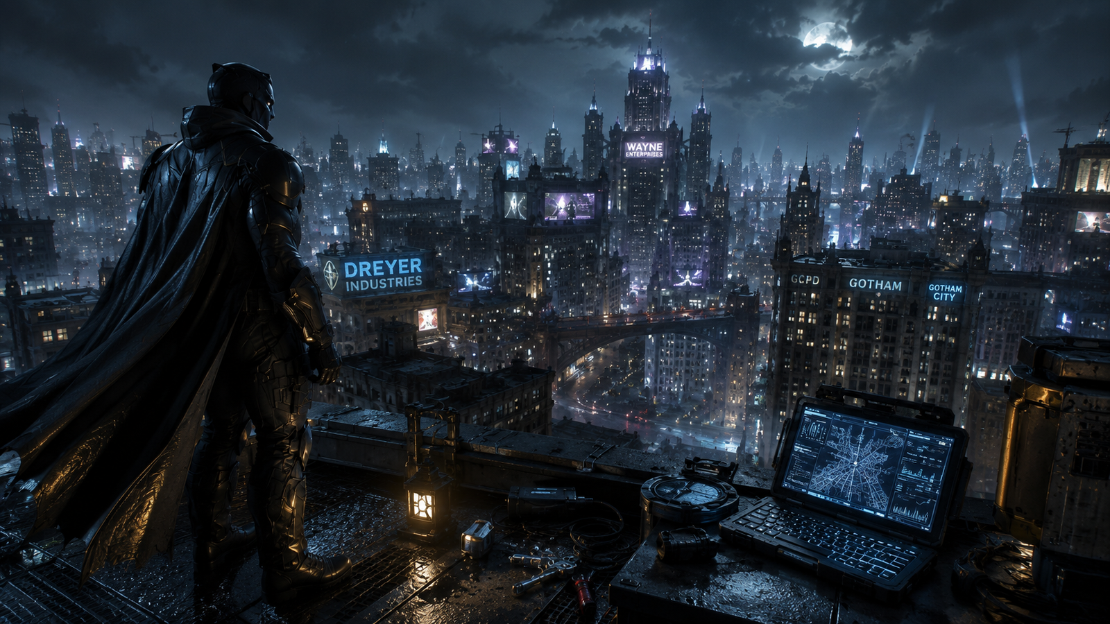 Detective-style superhero overlooking a city in an open-world video game environment
